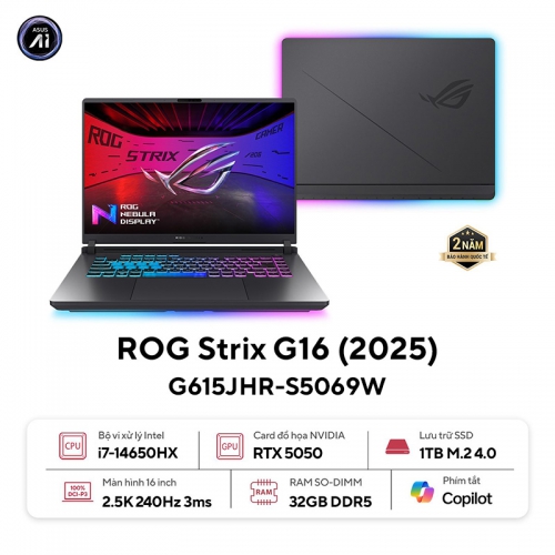 Laptop ASUS ROG Strix G16 G615JHR-S5069W (Intel Core i7-14650HX | RTX 5050 8GB | 16 inch 2,5K IPS 240Hz | 32GB | 1TB | Win 11 | Xám)